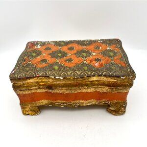 Handmade Florentine Italian Decorative Wooden Jewelry Box Orange & Gold Gilded